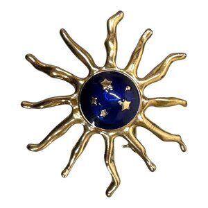 Celestial Witch Goth Gold-Tone Sunburst Brooch Blue Enamel Center & Star Accents
